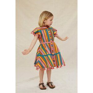 Farm Rio Anthropologie Rainbow Stripe Kids Dress Button Up Tassel‎ Cotton Sz 7/8